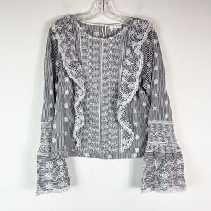 Willow & Clay NWOT Eyelet Stripe Floral Bell Sleeve Gray White Top Size L
